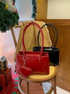 TRUST-U Red Heart Pendant Baguette Shoulder Bag – Waxed Glossy Square Purse for New Year Gift