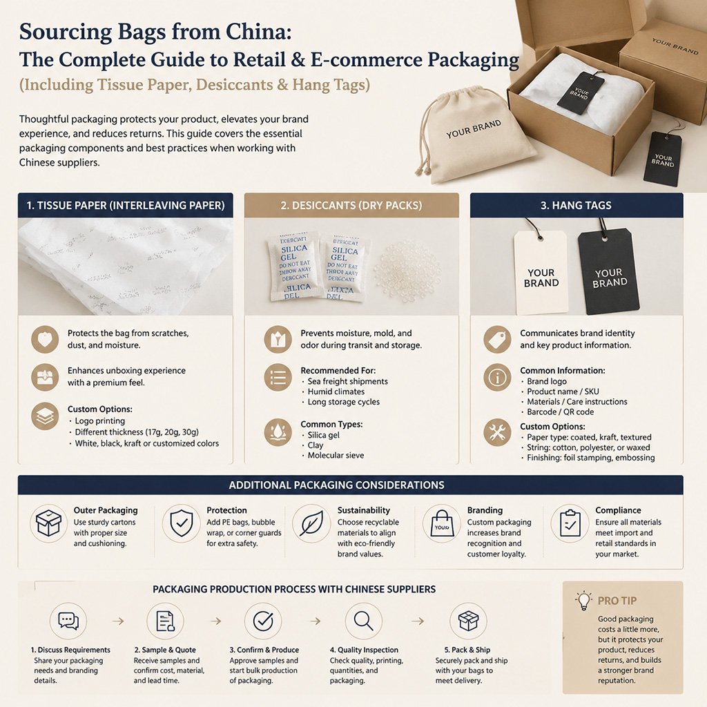 Tissue Paper, Silica Gel, and Hangtags: A Complete Guide to Retail vs. E-Commerce Packaging When Sourcing Bags from China