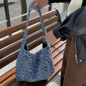 TRUST-U Leopard Print Blue Canvas Bag, Korean Style, Trendy, Versatile, Shoulder Bag, Underarm Bag, Large Capacity, Commuter Tote Bag