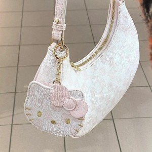 TRUST-U Hello Kitty underarm bag, pink checkered pattern, sweet and cute crescent moon shoulder bag