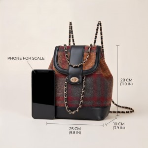 TRUST-U Retro Wool Plaid Backpack with Chain Strap – Large Capacity Preppy Style School Travel Bag