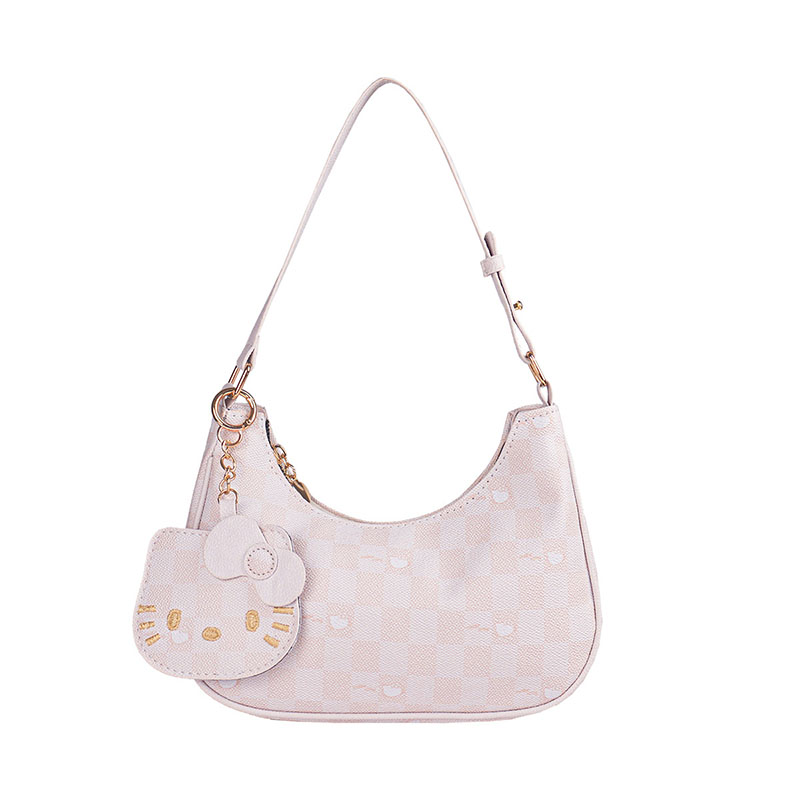 TRUST-U Hello Kitty underarm bag, pink checkered pattern, sweet and cute crescent moon shoulder bag
