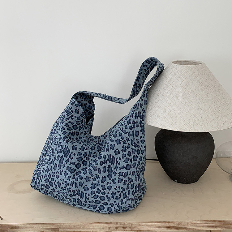 TRUST-U Leopard Print Blue Canvas Bag, Korean Style, Trendy, Versatile, Shoulder Bag, Underarm Bag, Large Capacity, Commuter Tote Bag