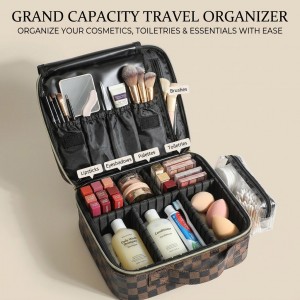 TRUST-U New Plaid PU Multi-compartment Convenient Makeup Bag Retro Inner Compartment Makeup Bag Large Capacity Toiletry Organizer