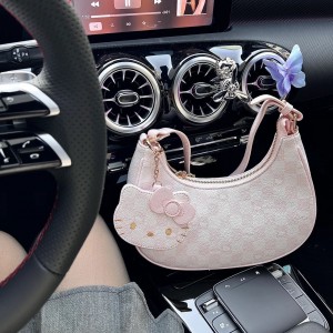 TRUST-U Hello Kitty underarm bag, pink checkered pattern, sweet and cute crescent moon shoulder bag