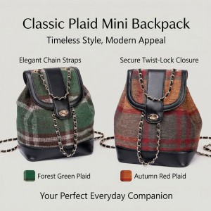 TRUST-U Retro Wool Plaid Backpack with Chain Strap – Large Capacity Preppy Style School Travel Bag