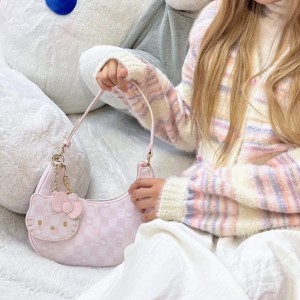 TRUST-U Hello Kitty underarm bag, pink checkered pattern, sweet and cute crescent moon shoulder bag