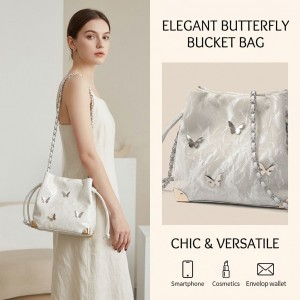 TRUST-U Butterfly chain bucket bag, simple and stylish drawstring pleated design, chic and unique women’s shoulder bag