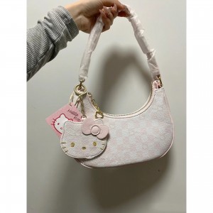 TRUST-U Hello Kitty underarm bag, pink checkered pattern, sweet and cute crescent moon shoulder bag