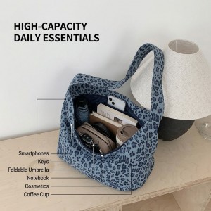 TRUST-U Leopard Print Blue Canvas Bag, Korean Style, Trendy, Versatile, Shoulder Bag, Underarm Bag, Large Capacity, Commuter Tote Bag