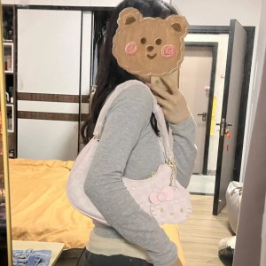 TRUST-U Hello Kitty underarm bag, pink checkered pattern, sweet and cute crescent moon shoulder bag