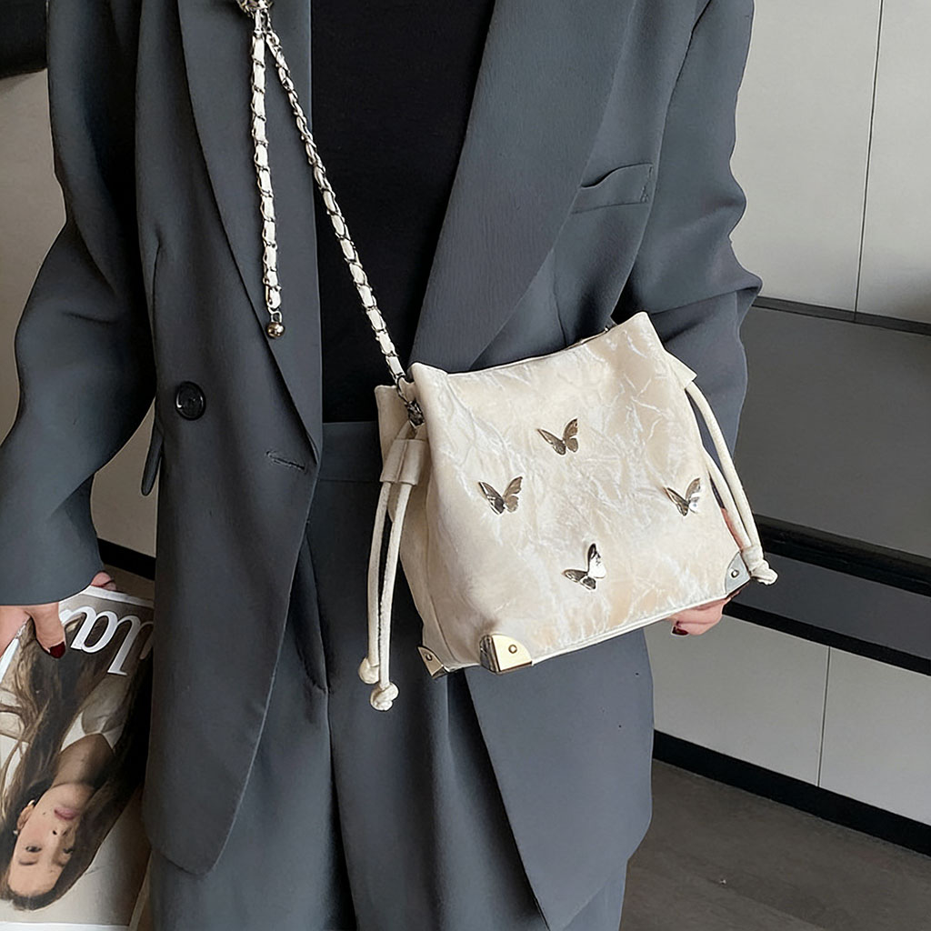 TRUST-U Butterfly chain bucket bag, simple and stylish drawstring pleated design, chic and unique women’s shoulder bag