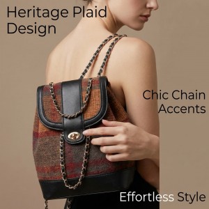 TRUST-U Retro Wool Plaid Backpack with Chain Strap – Large Capacity Preppy Style School Travel Bag