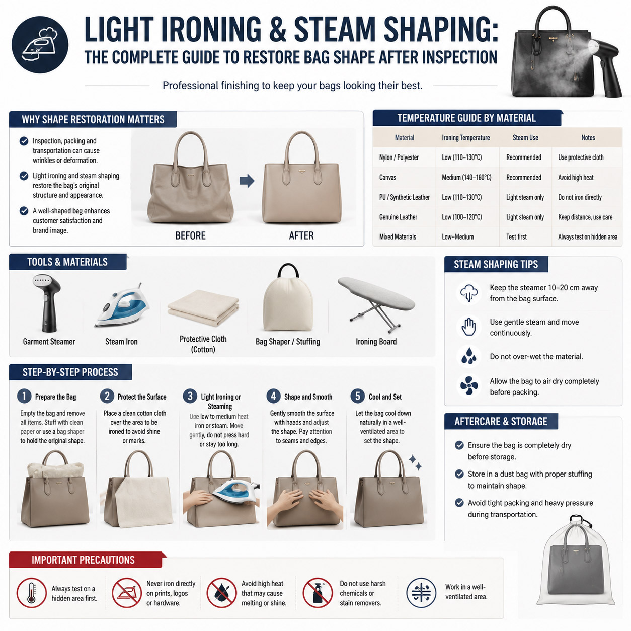 Light Ironing vs. Steam Pressing: The Complete Guide to Restoring Bag Shape After Inspection