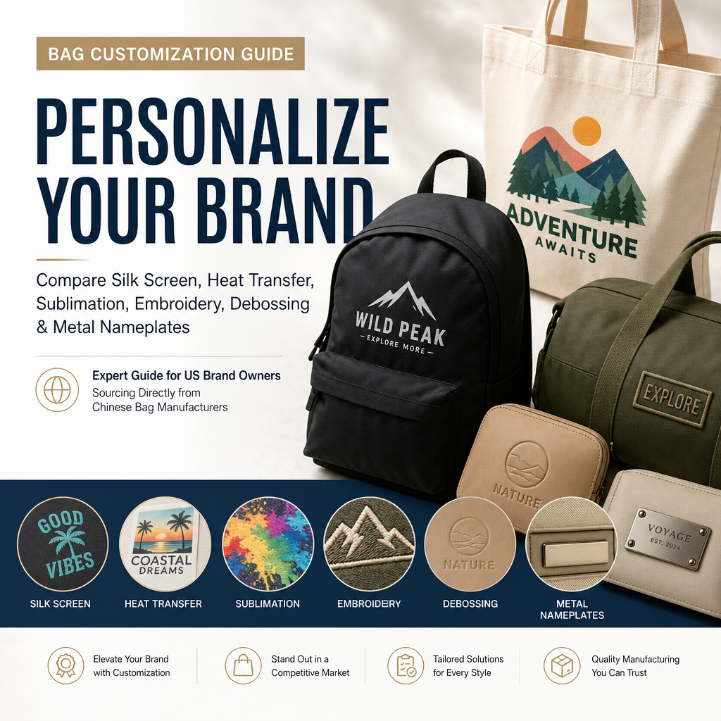 Bag Customization Guide for US Brand Owners: Compare Silk Screen, Heat Transfer, Sublimation, Embroidery, Debossing & Metal Nameplates
