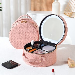 TRUST-U LED light with mirror round cosmetic case large capacity travel portable cosmetic storage bag