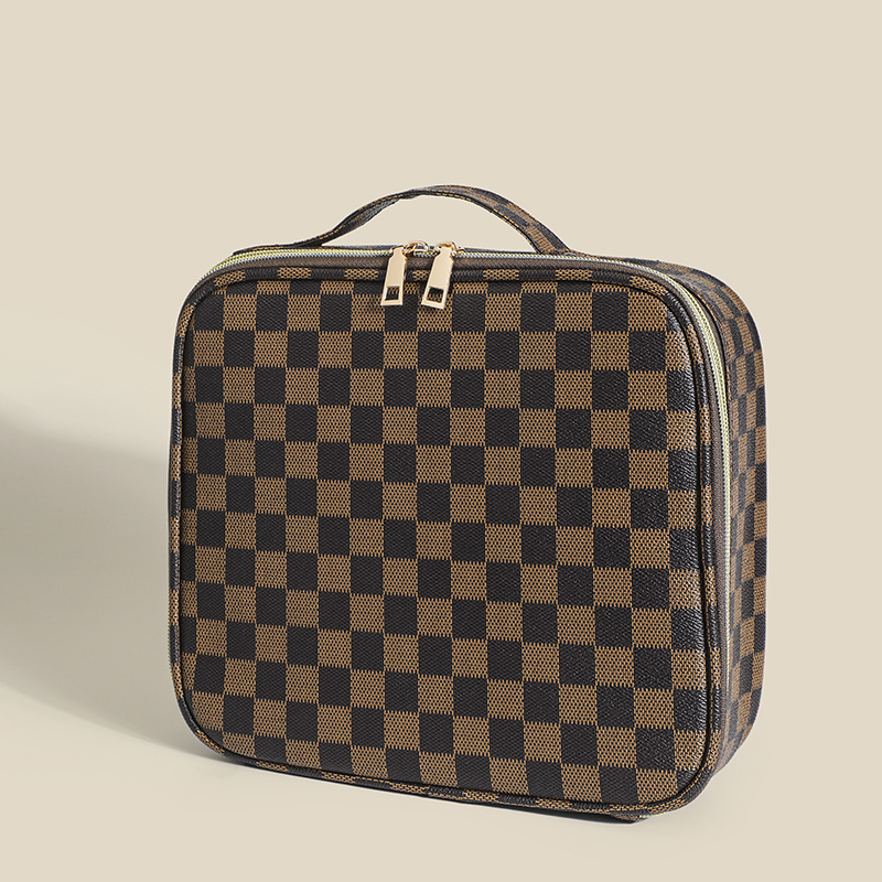 TRUST-U Sabuwar plaid PU Multi-banki mai dacewa jakar kayan shafa mai dacewa, jakar kayan shafa na ciki na retro, babban mai shirya kayan bayan gida