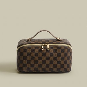 TRUST-U Tas Makeup Kotak-kotak Klasik Gaya Anyar, Tas Tangan Portabel Multifungsi PU, Tas Perlengkapan Mandi Tahan Air