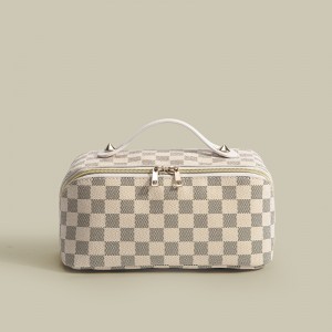 TRUST-U Tas Makeup Kotak-kotak Klasik Gaya Anyar, Tas Tangan Portabel Multifungsi PU, Tas Perlengkapan Mandi Tahan Air