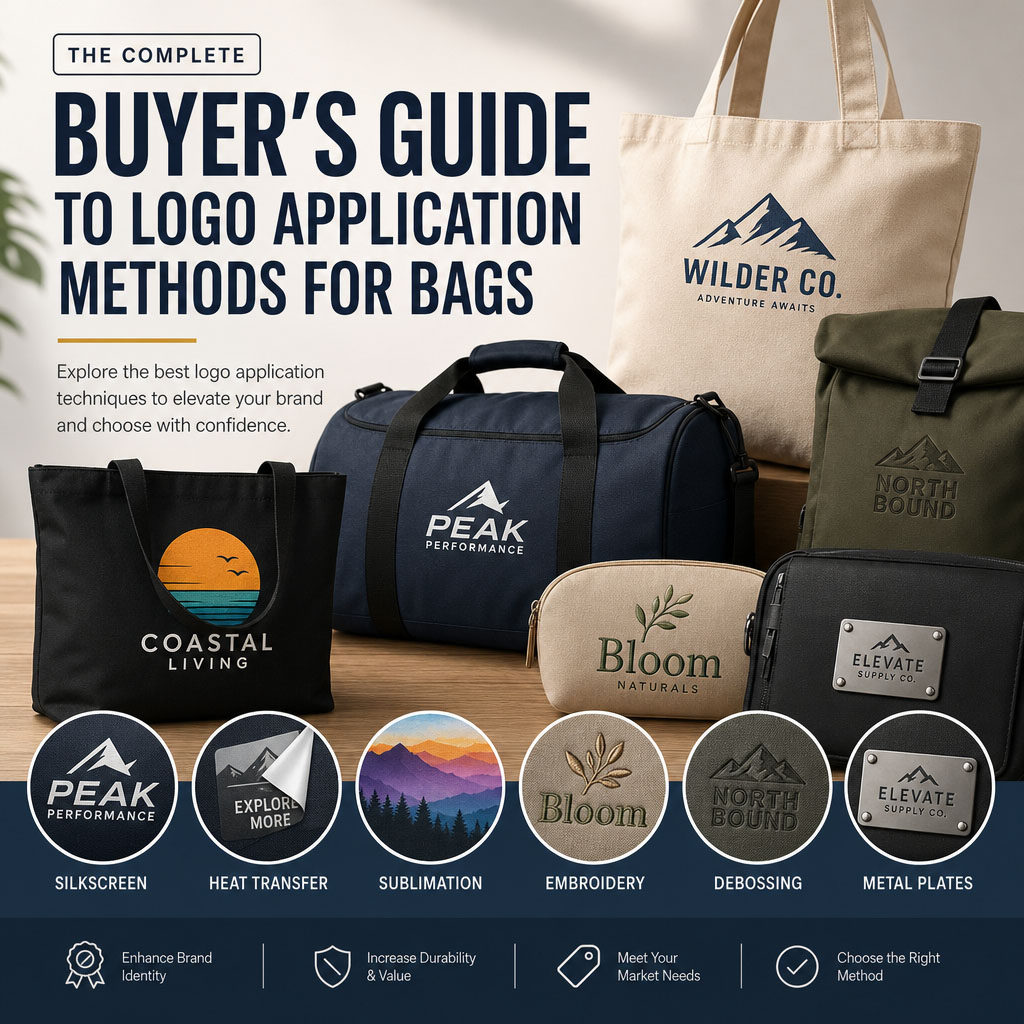 The Complete Buyer’s Guide to Logo Application Methods for Bags: Silkscreen, Heat Transfer, Sublimation, Embroidery, Debossing, and Metal Plates